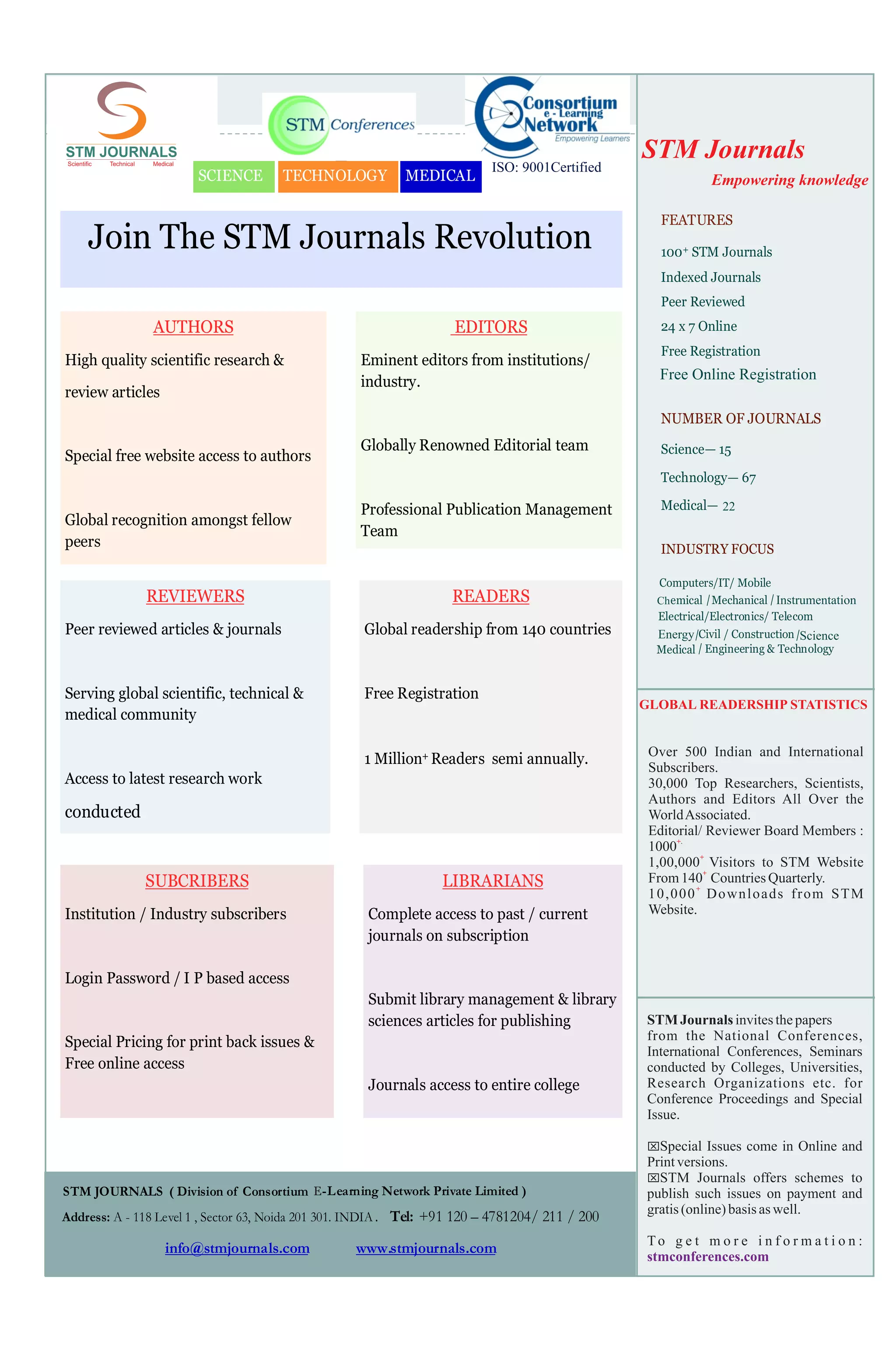STM JOURNALS
Scientific Technical Medical
www.stmjournals.com
ISSN 2349-4336 (Online)
conducted
Ch Instrumentation/ /
/
Energy Science/ /
22
STM Journals
Empowering knowledge
Free Online Registration
ISO: 9001Certified
(JoWREM)
September December 2016
www.stmjournals.com
STM JOURNALS
Scientific Technical Medical
Water Resource
Engineering &
Management
 