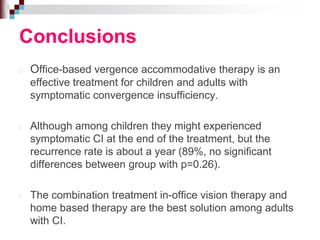 Conclusions
o Office-based vergence accommodative therapy is an
effective treatment for children and adults with
symptomatic convergence insufficiency.
o Although among children they might experienced
symptomatic CI at the end of the treatment, but the
recurrence rate is about a year (89%, no significant
differences between group with p=0.26).
o The combination treatment in-office vision therapy and
home based therapy are the best solution among adults
with CI.
 