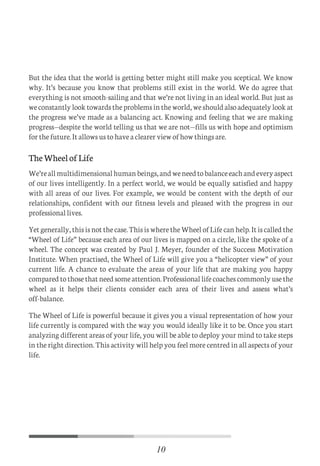 But the idea that the world is getting better might still make you sceptical. We know
why. It’s because you know that problems still exist in the world. We do agree that
everything is not smooth-sailing and that we’re not living in an ideal world. But just as
weconstantlylooktowardstheproblemsintheworld,weshouldalsoadequatelylookat
the progress we’ve made as a balancing act. Knowing and feeling that we are making
progress—despite the world telling us that we are not—fills us with hope and optimism
for the future. It allows us to have a clearer view of how things are.
TheWheelofLife
We’reallmultidimensionalhumanbeings,andweneedtobalanceeachandeveryaspect
of our lives intelligently. In a perfect world, we would be equally satisfied and happy
with all areas of our lives. For example, we would be content with the depth of our
relationships, confident with our fitness levels and pleased with the progress in our
professional lives.
Yet generally, this is not the case. This is where the Wheel of Life can help. It is called the
“Wheel of Life” because each area of our lives is mapped on a circle, like the spoke of a
wheel. The concept was created by Paul J. Meyer, founder of the Success Motivation
Institute. When practised, the Wheel of Life will give you a “helicopter view” of your
current life. A chance to evaluate the areas of your life that are making you happy
compared to those that need some attention. Professional life coaches commonly use the
wheel as it helps their clients consider each area of their lives and assess what’s
off-balance.
The Wheel of Life is powerful because it gives you a visual representation of how your
life currently is compared with the way you would ideally like it to be. Once you start
analyzing different areas of your life, you will be able to deploy your mind to take steps
in the right direction. This activity will help you feel more centred in all aspects of your
life.
10
C
M
Y
CM
MY
CY
CMY
K
Initial pages New.pdf 13 26/07/21 3:19 PM
 