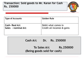 Type of Accounts Golden Rule
Cash- Real A/c
Sales - nominal A/c
Debit what comes in
Credit all incomes & gains
Cash A/c Dr. Rs. 250000
To Sales A/c Rs.250000
(Being goods sold for cash)
Transaction: Sold goods to Mr. Karan for Cash
Rs. 250000
 