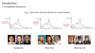 Introduction
1.3 Probability Distribution
Eyeglasses Wavy Hair Wearing Hat
𝑃𝑑𝑎𝑡𝑎 𝑟𝑒𝑝𝑟𝑒𝑠𝑒𝑛𝑡𝑠 𝑡ℎ𝑒 𝑑𝑖𝑠𝑡𝑟𝑖𝑏𝑢𝑡𝑖𝑜𝑛 𝑜𝑓 𝑎𝑐𝑡𝑢𝑎𝑙 𝑖𝑚𝑎𝑔𝑒𝑠.
 