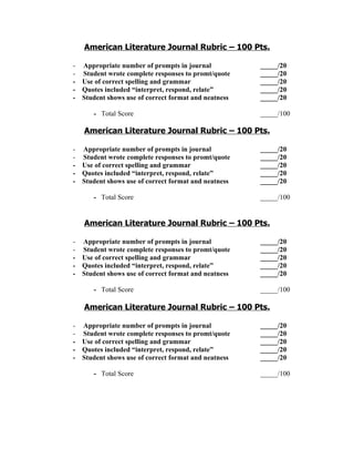 American Literature Journal Rubric – 100 Pts.

-   Appropriate number of prompts in journal           _____/20
-   Student wrote complete responses to promt/quote    _____/20
-   Use of correct spelling and grammar                _____/20
-   Quotes included “interpret, respond, relate”       _____/20
-   Student shows use of correct format and neatness   _____/20

       - Total Score                                   _____/100

    American Literature Journal Rubric – 100 Pts.

-   Appropriate number of prompts in journal           _____/20
-   Student wrote complete responses to promt/quote    _____/20
-   Use of correct spelling and grammar                _____/20
-   Quotes included “interpret, respond, relate”       _____/20
-   Student shows use of correct format and neatness   _____/20

       - Total Score                                   _____/100


    American Literature Journal Rubric – 100 Pts.

-   Appropriate number of prompts in journal           _____/20
-   Student wrote complete responses to promt/quote    _____/20
-   Use of correct spelling and grammar                _____/20
-   Quotes included “interpret, respond, relate”       _____/20
-   Student shows use of correct format and neatness   _____/20

       - Total Score                                   _____/100

    American Literature Journal Rubric – 100 Pts.

-   Appropriate number of prompts in journal           _____/20
-   Student wrote complete responses to promt/quote    _____/20
-   Use of correct spelling and grammar                _____/20
-   Quotes included “interpret, respond, relate”       _____/20
-   Student shows use of correct format and neatness   _____/20

       - Total Score                                   _____/100
 