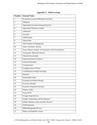 Rankings of Economics Journals and Departments in India

Appendix C: ISID Coverage
Number Journal Name
1

Economics Journals Published From India

2

Abhigyan

3

Agricultural Economic Research Review

4

Agricultural Situation in India

5

Arthasuchi

6

Anvesak

7

ArthaVijnana

8

Artha-Vikas

9

ASCI Journal of Management

10

Asian- Economic- Review

11

Asian-African- Journal- of- Economics- and- Econometrics

12

Asia-pacific- Business- Review

13

Chartered Accountant

14

Chartered Financial Analyst

15

Chartered Secretary

16

Communicator

17

Company News & Notes

18

Contributions to Indian Sociology

19

Decision

20

Demography India

21

Economic & Political Weekly

22

Economic Weekly

23

Executive Chartered Secretary

24

Finance- India

25

Focus WTO

26

Foreign Trade Review

27

Gender, Technology and Development

28

Global- Business- and- economic- Review

29

IASSI Quarterly

30

IIMB Management Review

31

Indian- development- review

© Tilak Mukhopadhyay and Subrata Sarkar, July 2010. IGIDR, Goregaon (E), Mumbai – 400065, INDIA
24

 