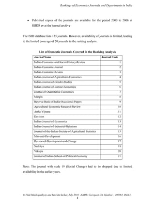 Rankings of Economics Journals and Departments in India

Published copies of the journals are available for the period 2000 to 2006 at
IGIDR or at the journal archive

The ISID database lists 135 journals. However, availability of journals is limited, leading
to the limited coverage of 20 journals in the ranking analysis.

List of Domestic Journals Covered in the Ranking Analysis
Journal Name

Journal Code

Indian-Economic-and-Social-History-Review

1

Indian-Economic-Journal

2

Indian-Economic-Review

3

Indian-Journal-of-Agricultural-Economics

4

Indian-Journal-of-Gender-Studies

5

Indian-Journal-of-Labour-Economics

6

Journal-of-Quantitative-Economics

7

Margin

8

Reserve-Bank-of-India-Occasional-Papers

9

Agricultural-Economic-Research-Review

10

Artha-Vijnana

11

Decision

12

Indian-Journal-of-Economics

13

Indian-Journal-of-Industrial-Relations

14

Journal-of-the-Indian-Society-of-Agricultural Statistics

15

Man-and-Development

16

Review-of-Development-and-Change

17

Sankhya

18

Vikalpa

20

Journal-of Indian-School-of-Political-Economy

21

Note: The journal with code 19 (Social Change) had to be dropped due to limited
availability in the earlier years.

© Tilak Mukhopadhyay and Subrata Sarkar, July 2010. IGIDR, Goregaon (E), Mumbai – 400065, INDIA
2

 
