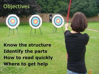 Know the structure
Identify the parts
How to read quickly
Where to get help
Objectives
 