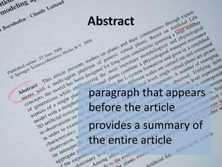Abstract
paragraph that appears
before the article
provides a summary of
the entire article
 