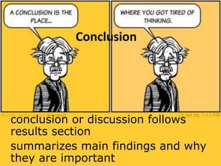 Conclusion
conclusion or discussion follows
results section
summarizes main findings and why
they are important
 
