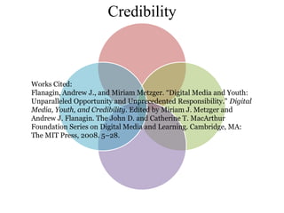 Credibility



Works Cited:
Flanagin, Andrew J., and Miriam Metzger. “Digital Media and Youth:
Unparalleled Opportunity and Unprecedented Responsibility." Digital
Media, Youth, and Credibility. Edited by Miriam J. Metzger and
Andrew J. Flanagin. The John D. and Catherine T. MacArthur
Foundation Series on Digital Media and Learning. Cambridge, MA:
The MIT Press, 2008. 5–28.
 
