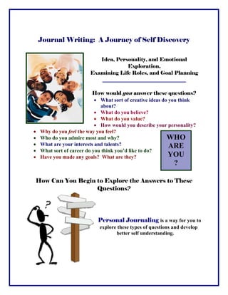 Journal Writing: A Journey of Self Discovery
Idea, Personality, and Emotional
Exploration,
Examining Life Roles, and Goal Planning
________________________________
How would you answer these questions?
• What sort of creative ideas do you think
about?
• What do you believe?
• What do you value?
• How would you describe your personality?
• Why do you feel the way you feel?
• Who do you admire most and why?
• What are your interests and talents?
• What sort of career do you think you’d like to do?
• Have you made any goals? What are they?
How Can You Begin to Explore the Answers to These
Questions?
Personal Journaling is a way for you to
explore these types of questions and develop
better self understanding.
WHO
ARE
YOU
?
 