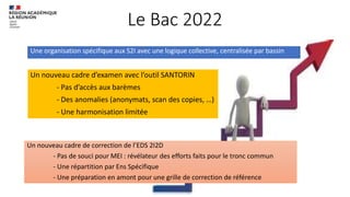 Le Bac 2022
Une organisation spécifique aux S2I avec une logique collective, centralisée par bassin
Un nouveau cadre d’examen avec l’outil SANTORIN
- Pas d’accès aux barèmes
- Des anomalies (anonymats, scan des copies, …)
- Une harmonisation limitée
Un nouveau cadre de correction de l’EDS 2I2D
- Pas de souci pour MEI : révélateur des efforts faits pour le tronc commun
- Une répartition par Ens Spécifique
- Une préparation en amont pour une grille de correction de référence
 