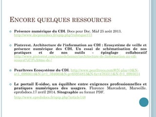 ENCORE QUELQUES RESSOURCES
 Présence numérique du CDI. Docs pour Doc. MàJ 25 août 2013.
http://www.docpourdocs.fr/spip.ph...