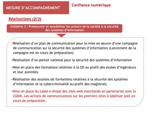 Confiance numérique
MESURE D’ACCOMPAGNEMENT

 Réalisations (2/3)
  Initiative 3 : Promouvoir et sensibiliser les acteurs de la société à la sécurité
                           des systèmes d’information



  •Réalisation d’un plan de communication pour la mise en œuvre d’une campagne
   de communication sur la sécurité des systèmes d’information (Lancement de la
   campagne est en cours de préparation)

  •Réalisation d’un portail national pour la sécurité des systèmes d’information

  •Mise en place des formations relatives à la SSI au profit des écoles d’ingénieurs
   et leur assimilés

  •Réalisation des sessions de formations relatives à la sécurité des systèmes
   d’information et la cybercriminalité au profit des magistrats

  •Mise en place du Label e-thiq@ des sites web marchands en partenariat avec la
   CGEM. Les actions de communications sur les premiers sites à labéliser sont en
   cours de préparation.
 