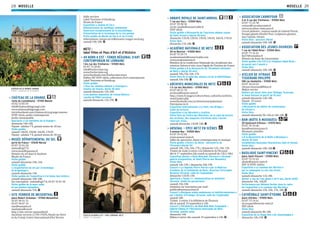 MOSELLE MOSELLE 2928
CHÂTEAU DE LA GRANGE
route de Luxembourg – 57100 Manom
03 82 53 85 03
info@chateaudelagrange.com
www.chateaudelagrange.com
www.facebook.com/chateau.de.la.grange.manom
XVIIIe
siècle, jardin contemporain
Jardin remarquable
Spectacle « Les fantômes de la Grange »
dimanche 14h-18h
Payant : adultes 7 €, gratuit moins de 18 ans
Visite guidée
samedi 14h30, 15h30, 16h30, 17h30
Payant : adultes 7 €, gratuit moins de 18 ans
MUSÉE DÉPARTEMENTAL DU SEL
porte de France – 57630 Marsal
03 87 35 01 50
mdsm@cg57.fr
www.mosellepassion.fr
Histoire du sel dans le Saulnois
Musée de France
Visite guidée
samedi-dimanche 10h, 16h
Visite guidée
« L’exploitation du sel par la technique
du briquetage »
samedi-dimanche 14h
Visite guidée de l’exposition « L’or blanc des Celtes »
samedi-dimanche 10h-18h
Sur inscription : mdsm@cg57.fr, 03 87 35 01 50
Visite guidée de la mare salée
et ses plantes halophiles
samedi-dimanche 15h G
SITE VERRIER DE MEISENTHAL
place Robert Schuman – 57960 Meisenthal
03 87 96 91 51
03 87 96 87 16
ciav@wanadoo.fr
mediation@ciav.fr
http://site-verrier-meisenthal.fr
Ancienne verrerie (1704-1969), Musée du Verre
et du Cristal, Centre International d’Art Verrier,
Halle verrière
Label Tourisme et Handicap
Musée de France
Exposition « Jeanne et Cie »
Démonstration de soufﬂage commentée
Ouverture exceptionnelle de la moulothèque
Présentation de la technique de la cire perdue
Visite guidée du Musée du Verre et du Cristal
Informations: musee.verre@musees-vosges-nord.org
samedi 14h-18h G
METZ :
label Villes et Pays d’Art et d’Histoire
49 NORD 6 EST - FONDS RÉGIONAL D’ART
CONTEMPORAIN DE LORRAINE
1 bis rue des Trinitaires – 57000 Metz
03 87 74 20 02
info@fraclorraine.org
www.fraclorraine.org
www.facebook.com/fraclorraine.news
Édifice XIIe
-XVIIe
siècle, collections d’art contemporain
Label Tourisme et Handicap
Visite guidée
« Tous les chemins mènent à Schengen »
(toutes les heures, durée 30 min)
samedi-dimanche 12h-18h
« Les plantes migrantes de Liliana Motta »
(Jardin du FRAC Lorraine)
samedi-dimanche 11h-19h G
ABBAYE ROYALE DE SAINT-ARNOUL
7 rue aux Ours – 57000 Metz
03 87 39 90 50
cercle_lasalle@numericable.fr
XVIIe
siècle
Visite guidée « Découverte de l’ancienne abbaye royale
de Saint Arnoul » (durée 45 min)
dimanche 11h10, 12h10, 13h10, 14h10, 16h10, 17h10
Visite libre
dimanche 11h-18h G
ACADÉMIE NATIONALE DE METZ
20 en Nexirue – 57000 Metz
03 87 75 29 73
academiemetz@numericable.com
www.academiemetz.fr
Membre de la Conférence Nationale des Académies des
sciences, lettres et arts, sous l’égide de l’Institut de France
Visite guidée « À la découverte de l’Académie nationale
de Metz » (durée 45 min)
samedi 14h,15h, 16h, 17h
Visite libre de la salle des séances et de la bibliothèque
samedi 14h-18h G
ARCHIVES MUNICIPALES DE METZ
1-3 rue des Récollets – 57000 Metz
03 87 68 25 70
archives@mairie-metz.fr
http://metz.fr/pages/culture/lieux_culturels/archives_
municipales.php
www.facebook.com/archivesmunicipalesmetz
Patrimoine écrit
Exposition internationale « Le Pont, the Bridge »
(salle de lecture)
Exposition « Les Récollets » (cloître)
Visite libre du Cloître des Récollets, de la salle de lecture
des Archives, des magasins d’archives dans l’ancien
réservoir d’eau.
samedi-dimanche 13h30-18h G
ARSENAL – EPCC METZ EN SCÈNES
3 avenue Ney – 57000 Metz
03 87 39 92 00
www.arsenal-metz.fr
Salles de spectacles, danse contemporaine et musique
Visite guidée « Envers du décor : découverte de
l’Arsenal » (durée 1h)
samedi 14h, 15h, 16h, 17h / dimanche 11h, 14h, 15h
Tickets de visite à retirer à la billetterie de l’Arsenal
dès le 1er
septembre (du mardi au samedi de 13h à 18h)
Exposition photos « Tania Mouraud. Parcours » (Arsenal -
galerie d’exposition, et Saint-Pierre-aux-Nonnains)
Visite libre
samedi 14h-19h / dimanche 10h-19h
Concert « La légende Pierre Perrat » par la Maîtrise
d’enfants de la Cathédrale de Metz, direction Christophe
Bergossi (Arsenal, salle de l’esplanade)
dimanche 11h30, 14h
Spectacle « Tango ! » : démonstration et initiation
(Arsenal, studio du gouverneur)
samedi 15h-18h
Initiation sur inscription par mail :
publics@metzenscenes.fr
Concert « Musiques arabo-andalouses et méditerranéennes »
par L’Atelier d’Erlanger (Arsenal, salle de l’esplanade)
samedi 18h
Tickets à retirer à la billetterie de l’Arsenal
dès le samedi 19 septembre à 14h
Concert « Périphérie » de Blah Blah Blah Compagnie –
Gabriel Fabing et l’Harmonie municipale de Metz
(Arsenal, grande salle)
dimanche 16h
Billets à retirer dès samedi 19 septembre à 14h G
ASSOCIATION CARREFOUR
3 et 4 rue des Trinitaires – 57000 Metz
03 87 75 25 98
contact@carrefourmetz.fr
www.carrefour-metz.asso.fr
Circuit pédestre : maison natale de Gabriel Pierné,
fresque géante d’André Flori, sculptures géantes,
mur romain, vitraux
Visite libre : parcours ﬂéché
samedi-dimanche 10h-18h G
ASSOCIATION DES JEUNES OUVRIERS
7 rue de l’Abbé Risse – 57000 Metz
03 87 75 16 41
fjo57@wanadoo.fr
Histoire du foyer de l’association
Visite guidée « Du FJO à la résidence Abbé Risse :
du passé vers l’avenir »
Visite libre
samedi-dimanche 10h-18h G
ATELIER DE VITRAUX
TISSERAND PHILIPPE
10B rue Gambetta – 57000 Metz
03 87 36 64 63
vitraux-tisserand@bbox.fr
Maître-verrier
Ateliers de savoir faire avec Philippe Tisserand
et Anne Poissen (à partir de 10 ans)
samedi-dimanche 14h-18h
Payant : 25 euros
Visite guidée
« Découverte du métier de restaurateur
de vitraux »
Visite libre
samedi-dimanche 9h-12h et 14h-18h G
BAM (BOÎTE À MUSIQUES)
20 boulevard d’Alsace – 57070 Metz
03 87 39 34 60
bam@metzenscenes.fr
Musiques actuelles
Visite guidée
« À la découverte de la Boîte à Musiques »
(durée 45 min)
Installations musicales interactives (hall et forum)
Visite libre
samedi-dimanche 10h-18h G
BASILIQUE SAINT-VINCENT
place Saint-Vincent – 57000 Metz
03 87 55 55 62
aboby@mairie-metz.fr
XIIIe
et XVIIIe
siècles
Exposition « Le commun des Mortels »
par la compagnie La voix des Furies
Visite libre
samedi-dimanche 11h-18h
Atelier « Jeu de l’oie géant » (6-11 ans, durée 1h30)
dimanche 14h, 16h30
Performance par Mélanie Gerber dans le cadre
de l’exposition « Le commun des Mortels »
samedi-dimanche 15h, 16h, 17h, 18h G
CATHÉDRALE SAINT-ÉTIENNE
place d’Armes – 57000 Metz
03 87 75 54 61
mi.soupart@eveche-metz.fr
XIIIe
siècle
Visite libre
samedi-dimanche 8h-18h
Exposition de la chape dite « de Charlemagne »
dimanche 14h-19h G
TOUR DU 49 NORD 6 EST - FRAC LORRAINE, METZ
CRÉDIT : R. VILLAGGI
CHÂTEAU DE LA GRANGE, MANOM
CRÉDIT : CHÂTEAU DE LA GRANGE
 