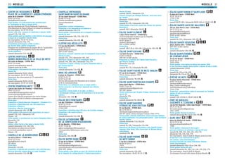MOSELLE MOSELLE 3130
CENTRE DE RESSOURCES
PLACE DE LA COMÉDIE ET JARDIN ÉPHÈMERE
place de la Comédie – 57000 Metz
03 87 55 55 62
aboby@mairie-metz.fr
Visite guidée « À la découverte des architectures
du Technopôle de Metz » (durée 1h30)
par des étudiants de l’École Nationale Supérieure
d’Architecture de Nancy (départ et retour en minibus)
Sur inscription : 03 87 55 55 62
Atelier « Ma ville, couleurs et matériaux » (durée: 1h30)
samedi 11h, 14h, 16h
Visite guidée pour les familles « Une histoire de paysage,
la place de la Comédie » (durée 1h30)
Sur inscription : 03 87 55 55 62
samedi-dimanche 15h, 17h
Installation participative « Plier la ville »
par Aurèle Duda, maître origamiste
Préparez vos architectures de papier dès le 7 septembre
en téléchargeant les modèles sur le site metz.fr
Jardin éphémère
samedi-dimanche 11h-18h G
CENTRE HORTICOLE
SERRES MUNICIPALES DE LA VILLE DE METZ
145 route de Woippy – 57050 Metz
03 87 55 54 00
espaces-verts@mairie-metz.fr
Espaces verts de la ville
Visite guidée « Découverte du centre de production »
(durée 1h)
samedi-dimanche 9h30, 10h30
Sur inscription : 03 87 55 54 00
Ouverture des réservations le 15 septembre
Visite libre
samedi-dimanche 9h30-11h30
Sur inscription : 03 87 55 54 00 G
CENTRE POMPIDOU-METZ
1 parvis des Droits de l’Homme – 57000 Metz
03 87 15 52 57
contact@centrepompidou-metz.fr
www.centrepompidou-metz.fr
Centre d’art pluriel proposant une vision élargie
de la culture et de la création contemporaine
Visite libre
Exposition « Céleste Boursier Mougenot - Clinamen V.2 »
Exposition « Tania Mouraud, une rétrospective »
Exposition « Phares »
Exposition « Warhol Underground »
samedi-dimanche 10h-19h G
Visite guidée « Découverte des expositions en cours »
samedi 14h, 16h / dimanche 14h
Payant : 4 €
Visite guidée « L’architecture du Centre Pompidou-Metz »
dimanche 11h
Payant : 4 €
Atelier « Mini-Factory like Andy » (durée 1h30)
samedi-dimanche 11h, 14h, 16h
Inscription sur place ou sur le site :
www.centrepompidou-metz.fr
Payant : 5 €
CHAPELLE DE LA MISÉRICORDE
rue de la Chèvre – 57000 Metz
03 87 55 55 62
aboby@mairie-metz.fr
XIIe
siècle
Visite libre
dimanche 11h-18h
Exposition « Cabinets de curiosités » de Latifa Bermès,
Patricia Gérardin, Hélène Roux et Lydie Tremblet
samedi-dimanche 11h-18h G
CHAPELLE ORTHODOXE
SAINT-MARTIN-SAINT-SILOUANE
32 rue Saint-Gengoulf – 57000 Metz
06 68 74 31 82
jclaude.uzac@numericable.fr
www.orthometz.fr
1990
Exposition « Icônes orthodoxes »
Projection « Les monastères orthodoxes »
samedi-dimanche 15h-17h
Visite guidée « Présentation de la chapelle orthodoxe »
(durée 45 min)
samedi-dimanche 14h, 15h, 16h, 17h
Visite libre
samedi-dimanche 14h-18h G
CLOÎTRE DES RÉCOLLETS
1-3 rue des Récollets – 57000 Metz
03 87 55 55 62
aboby@mairie-metz.fr
XIIIe
et XIVe
siècles
Spectacle « Instant supendu » par la compagnie Corps in Situ
(durée 15 min)
samedi 15h, 17h / dimanche 14h, 16h
Spectacle « Quand ? » par la compagnie Teatron
samedi 14h, 16h, 18h / dimanche 15h, 17h
Exposition « Lignes croisées au Centre Pompidou-Metz »
par Corinne Deriot
Visite libre
samedi-dimanche 11h-18h G
DRAC DE LORRAINE
6 place de Chambre – 57000 Metz
03 87 56 41 72
03 87 56 41 00
Service déconcentré du Ministère de la Culture
et de la Communication
Visite libre « La cathédrale sous un angle inédit »
Portes ouvertes à la Direction régionale des affaires
culturelles
Exposition « Emile Gallé et la table « le Rhin ».
L’archéologie celtique, source d’inspiration à la ﬁn du XIXe
siècle »
dimanche 14h -18h G
ÉGLISE DES TRINITAIRES
rue des Trinitaires – 57000 Metz
03 87 55 55 62
aboby@mairie-metz.fr
1720-1787
Exposition « Autrefois dans 103 ans » de Cyrielle Lévêque
Exposition « Re-construction »
Visite libre
samedi-dimanche 11h-18h G
ÉGLISE LUTHERIENNE
DE LA CONFESSION D’AUGSBOURG
41 rue Mazelle – 57000 Metz
03 87 74 06 38
eglise-evangelique2@wanadoo.fr
www.paroisse-lutherienne-metz.com
1893
Visite libre
dimanche 14h-18h G
ÉGLISE NOTRE-DAME
21 rue de la Chèvre – 57000 Metz
03 87 36 08 49
notredamemetz@gmail.com
www.facebook.com/notredamemetz
XVIIe
-XIXe
siècles
Visite guidée « Une église au cœur de l’histoire de Metz,
de la chapelle du collège jésuite à l’église paroissiale »
(durée 45 min)
samedi 14h30 / dimanche 15h
Concert d’orgue par Philippe Delacour, suivi d’un verre
de l’amitié
dimanche 11h30-12h30
Visite libre
samedi 9h-19h / dimanche 10h-18h
Visite guidée « Les trois cycles des vitraux de Laurent
Maréchal »
samedi 16h / dimanche 16h30 G
ÉGLISE SAINT-CLÉMENT
1 place Saint-Clément – 57000 Metz
Accès handicapés moteurs par la chapelle,
6 rue de la Tour aux Rats
03 87 30 04 27
stclem57@orange.fr
XVIe
et XVIIIe
siècles
Visite libre
samedi 10h-12h et 14h-18h / dimanche 14h-18h G
ÉGLISE SAINT-EUCAIRE
rue Saint-Eucaire – 57000 Metz
03 87 74 08 45
XIIIe
-XVe
et XIXe
siècles
Projection « L’histoire de l’église Saint-Eucaire »
par Patrick Trimbur
dimanche 11h-12h
Visite libre
samedi 9h-17h / dimanche 9h-18h
ÉGLISE SAINT-FIACRE DE METZ SABLON
87 rue de la Chapelle – 57000 Metz
1914, vitraux années 1950
Visite libre
samedi-dimanche 9h-18h G
ÉGLISE SAINT-MARTIN-AUX-CHAMPS
place Saint-Martin – 57000 Metz
03 87 75 61 78
saintmartinmetz@gmail.com
XIIe
-XIXe
siècles
Visite conférence par Virginie Trimbur, historienne de l’art
(durée 1h)
dimanche 15h
Visite libre
samedi-dimanche 9h-18h30 G
ÉGLISE SAINT-MAXIMIN
VITRAUX DE JEAN COCTEAU
61 rue Mazelle – 57000 Metz
06 11 95 94 13
christiane.majewski@numericable.fr
XIIe
-XVe
siècle, vitraux de Jean Cocteau 1962-1973
Visite guidée « Balade méditative reliant message biblique
et visions poétiques d’un polygraphe génial : Jean Cocteau »
(durée 1 heure)
samedi-dimanche 11h,14h,16h
Visite libre
samedi 9h-18h / dimanche 11h-18h
Spectacle « De Mozart à Gershwin » avec Agathe Zenier,
soprano, Aline Kenk, ﬂûte traversière et Nicolas Marty,
contrebasse
vendredi 20h G
ÉGLISE SAINT-PIERRE
DE METZ BORNY
2 rue de la Chabosse – 57070 Metz
06 82 20 10 12
1959
Label Patrimoine XXe
Visite libre
samedi-dimanche 14h-18h
Sur inscription : 06 82 20 10 12 G
ÉGLISE SAINT-SIMON-ET-SAINT-JUDE
6 place de France – 57000 Metz
03 87 30 20 21
1735-1740
Visite libre
samedi 8h30-18h / dimanche 8h30-10h et 11h30-19h G
ÉGLISE SAINTE-LUCIE DE VALLIÈRES
30 rue Jean-Pierre Jean – 57070 Metz
03 72 13 12 26
bernpetit@modulonet.fr
paroisse.ste.lucie@free.fr
XVIIIe
et XIXe
siècles
Visite libre
samedi 9h-19h / dimanche 12h-19h G
ÉGLISE SAINTE-SÉGOLÈNE
place Jeanne d’Arc – 57000 Metz
XIIIe
-XVIe
et XIXe
siècles
Visite libre
samedi-dimanche 14h-18h G
ÉGLISE SAINTE-THÉRÈSE
DE L’ENFANT-JÉSUS
31 rue de Verdun – 57000 Metz
03 87 66 37 75
1935-1954
Visite guidée « Une église de béton des années 1930
et ses verrières signées Untersteller » (durée 45 min à 1h30)
samedi-dimanche 15h30
Visite libre
samedi 9h-12h et 14h-18h
dimanche 9h-11h et 15h-18h G
ÉVÊCHÉ DE METZ
15 place Sainte-Glossinde – 57000 Metz
03 87 74 54 20
secretariat@eveche-metz.fr
http://metz-catholique.fr
www.facebook.com/Catho.Metz
1752-1756
Projection : présentation vidéo du personnel de l’évêché
(durée 10 min, en continu)
Visite libre
samedi 10h-12h30 et 13h30-18h30 G
FORT DE QUEULEU -
CASEMATE A / CASERNE II
rue du Fort Queuleu / allée Jean Burger – 57070 Metz
06 75 37 06 33
fort.metz.queuleu@gmail.com
1867-1890
Visite guidée (toutes les heures)
samedi-dimanche 9h-12h et 14h-19h G
GARE SNCF
place du Général de Gaulle – 57000 Metz
03 54 59 32 48
johanna.deandrade@sncf.fr
1908
Visite guidée « Découverte de la gare :
parcours intérieur et extérieur » (durée 45 min)
samedi 9h, 10h, 11h, 14h, 15h, 16h, 17h
dimanche 14h, 15h, 16h, 17h
Sur inscription : dans le hall de départ avant la visite
Projection « Les coulisses de la gare »
(en continu, salon Charlemagne)
Lecture d’extraits du roman d’Adrienne Thomas
(salon Charlemagne)
samedi-dimanche 10h-12h et 14h-18h
Visite guidée (durée 45 min)
samedi-dimanche 9h, 10h, 11h, 14h, 15h, 16h, 17h
Sur inscription : dans le hall de départ,
à la banque d’accueil côté statue de Jean Moulin G
 