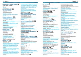 MOSELLE MOSELLE 3332
GRANDE CHAPELLE DU GRAND SÉMINAIRE
4 avenue Jean XXIII – 57000 Metz
03 87 75 85 90
1905
Visite libre
samedi-dimanche 10h-12h et 13h-17h
HÔPITAL D’INSTRUCTION
DES ARMÉES LEGOUEST
27 avenue de Plantières – 57077 Metz
03 87 56 46 46
communication@hia-legouest.fr
1912-1916
Présentation du savoir-faire
Projection « Services de l’HIA » (salle de conférence)
Visite libre
samedi-dimanche 14h-18h
HÔTEL DE COMMANDEMENT
DU GOUVERNEUR MILITAIRE DE METZ
ET 3E
RÉGIMENT DE HUSSARDS
9 rue de la Citadelle – 57000 Metz
1902-1905
Exposition 3e
régiment de hussards (parvis)
Visite libre du palais et des jardins, suivant un circuit ﬂéché
dimanche 10h-18h
Concert de musique de chambre de l’École de Musique
Agréée à Rayonnement Intercommunal (EMARI)
(salon aux armes)
dimanche 15h45-17h
Sérénade de la Musique militaire de l’Arme blindée
Cavalerie sur le thème de la Libération
(70e
anniversaire-jardins inférieurs)
dimanche 14h30-15h30 G
HÔTEL DE RÉGION -
ABBAYE SAINT-CLÉMENT
place Gabriel Hocquard – 57036 Metz
03 87 33 60 00
drc@lorraine.eu
www.lorraine.eu
www.facebook.com/laregionlorraine
https://twitter.com/regionlorraine
XVIIe
-XIXe
siècles
Visite guidée «Ancienne Abbaye Saint-Clément
et présentation de l’institution »
(toutes les heures, durée 40 à 45 min)
samedi 14h-17h / dimanche 10h-17h
Visite libre
samedi 14h-18h / dimanche 10h-18h G
HÔTEL DE VILLE
1 place d’Armes – 57000 Metz
03 87 55 55 62
aboby@mairie-metz.fr
Conférence « Découvertes en sous-sol d’une place messine.
Les fouilles archéologiques menées en 2008 place
de la République – de la recherche à la mise en valeur »
par Christian Dreier, responsable d’opérations au sein
du Pôle Archéologie Préventive de Metz Métropole
(durée 40 min, salon de Guise)
samedi 15h
Conférence « Le Centre de Secours et d’Incendie de Metz :
un patrimoine! » par Pierre Maurer, doctorant en histoire
de l’architecture (durée 45 min, salon de Guise)
dimanche 16h
Conférence « Reconstituer et comprendre le patrimoine
messin - L’apport de la 3D » par Julien Trapp, président
d’Historia Metensis, docteur en histoire, Musée de La Cour
d’Or et Nicolas Gasseau, membre d’Historia Metensis,
infographiste 3D (durée 1h, salon de Guise)
samedi 16h
Conférence « Restaurer un ouvrage en béton : innover pour
conserver. L’exemple de la halle Freyssinet à Paris » par
Laure Lalubie pour Frédéric Didier, ACMH, cabinet 2BDM
Architecture et Patrimoine (durée 30 min, salon de Guise)
samedi 17h30
Visite guidée du bureau du maire par Dominique Gros
(toutes les 30 min)
samedi 14h30-16h30
Projection « Les fouilles archéologiques menées
en 2008 place de la République » par Metz-Métropole
Pôle archéologie préventive (petit salon, en continu)
Visite libre
samedi-dimanche 11h-18h G
HÔTEL DU DÉPARTEMENT
CONSEIL DÉPARTEMENTAL DE LA MOSELLE
1 rue du Pont Moreau – 57000 Metz
03 87 37 57 57
www.moselle.fr/Pages/default.aspx
www.facebook.com/departement57
Exposition « Découverte des 10 sites Moselle Passion »
(hall Pierre Messmer)
Visite libre
samedi-dimanche 10h-18h G
INSTITUT NATIONAL DE JEUNES
SOURDS DE METZ - ANCIEN SITE
10-12 et 16-18 rue des Capucins – 57000 Metz
03 87 39 88 12
1795-1844
Visite guidée
« L’INJS de Metz : 140 ans d’histoire (1875-2015) »
samedi 9h30, 10h30, 11h30, 14h, 15h, 16h
Sur inscription à partir du 3 septembre : 03 87 39 88 12
b.gaillot@injs-metz.fr
Exposition « L’évolution des modes d’accueil et
l’accompagnement de la déﬁcience auditive et des TSL »
Visite libre
samedi 9h30-12h30 et 14h-17h G
JARDINS DE LA RÉSIDENCE D’HANNONCELLES
9 en Nexirue – 57000 Metz
communication@logiest.fr
1869
Visite libre
dimanche 14h-17h G
JARDINS DU CLOÎTRE DES RÉCOLLETS
SOCIÉTÉ FRANÇAISE D’ETHNOPHARMACOLOGIE
1 rue des Récollets – 57000 Metz
03 87 74 88 89
sfe-see@sfr.fr
www.ethnopharmacologia.org
www.facebook.com/ethnopharmacologia
Plantes médicinales et leurs indications thérapeutiques
Visite guidée ethnobotanique des jardins de plantes
médicinales et toxiques
samedi 14h30-16h30
Visite libre
samedi-dimanche 13h-18h G
LA BOTTEGA
20 rue Taison – 57000 Metz
06 13 12 41 36
gepat@free.fr
http://patriciabottega.tumblr.com
Atelier de gravure d’art
Visite guidée « Commentaire des techniques de gravure »
(chaque heure, durée 30 min)
Exposition «Reﬂexions messines», photos de Marcus Brandao
Démonstration des techniques de gravure
Visite libre
samedi 10h-13h et 14h-19h
dimanche 11h-13h et 14h-19h G
LES TRINITAIRES
12 rue des Trinitaires – 57000 Metz
03 87 20 03 03
bam@metzenscenes.fr
Édifice du XIIIe
siècle accueillant une salle des musiques
actuelles
Exposition photographique : « Empreintes fugitives »
par André Nitschke
Visite libre
samedi 14h-18h / dimanche 10h-18h G
LYCÉE FABERT
12 rue Saint-Vincent – 57000 Metz
03 87 30 11 66
ce.0570054z@ac-nancy-metz.fr
www.lycee-fabert.com
XVIIIe
et XIXe
siècles
Visite guidée « Découverte du cloître, de la chapelle,
de l’internat, de la tourelle du « passe-temps »
dimanche 10h, 15h
Visite libre
dimanche 10h-12h et 14h-17h G
MAISON DE L’ORCHESTRE
ORCHESTRE NATIONAL DE LORRAINE
31 rue de Belletanche – 57074 Metz
03 87 55 12 02
accueil@orchestrenational-lorraine.fr
Construit en 2006
Sur inscription à partir du 24 août : 03 87 55 12 02
accueil@orchestrenational-lorraine.fr
Visite libre (sur réservation uniquement)
samedi 14h-17h45 / dimanche 9h-12h
Visite guidée « Archi-music : architecture et musique »
(durée 45 min)
samedi 14h, 15h, 16h, 17h
Atelier en famille « Le petit hérisson « avec Fabienne Mérel
et Pierre Rusché
dimanche 9h, 10h, 11h G
MÉDIATHÈQUE VERLAINE
place de la Bibliothèque – 57000 Metz
08 00 89 18 91
servicesauxpublics@mairie-metz.fr
http://bm.metz.fr
www.facebook.com/FiguresdeMetz
www.facebook.com/MissMedia
www.flickr.com/photos/bmmetz/sets
Collections patrimoniales
Exposition « Paul de Busson, témoin des métamorphoses
de Metz » (salle Mutelet)
Exposition « Regard sur les collections : sélection liée
au Patrimoine d’avenir »
Visite libre
samedi 10h-18h / dimanche 14h-18h
Visite guidée « À travers les réserves patrimoniales,
découverte d’ouvrages en lien avec le patrimoine
du XXIe
siècle » (durée 45 à 55 min)
samedi 10h05, 11h05, 14h05, 15h05, 16h05, 17h05
dimanche 14h05, 15h05, 16h05, 17h05
Sur inscription à partir du 25 août : 08 00 89 18 91
servicesauxpublics@mairie-metz.fr G
MOSQUÉE CIMG
16 rampe de Bellecroix – 57000 Metz
03 87 75 61 79
Exposition « Présentation de l’Islam et de l’histoire
de la mosquée »
Visite libre
samedi-dimanche 11h-18h G
MUSÉE DE LA COUR D’OR-METZ MÉTROPOLE
2 rue du Haut-Poirier – 57000 Metz
03 87 20 13 20
Musee-accueil-publics@metzmetropole.fr
www.metzmetropole.fr
www.facebook.com/MuseeDeLaCourdOr
Collections d’archéologie, histoire, architecture et beaux arts
Musée de France
Sur inscription : 03 87 20 13 20
Visite guidée « L’Histoire du musée »
dimanche 14h
Visite guidée « Le repas à l’époque gallo-romaine »
(public familial)
dimanche 15h30
Visite guidée « Le secret des couleurs » (public familial)
dimanche 10h30,14h30
« Passage » : déambulation musicale avec l’ensemble
François Narboni
dimanche 14h
Spectacle « Peinture du XIXe
siècle en musique »
avec le duo Songe (Amandine Martin et Flavie Jeandel)
(salles de peintures)
samedi 14h
Visite guidée « Qu’est-ce que c’est que ce truc ? »
(public familial)
dimanche 15h
Visite guidée « À la découverte des thermes avec Curmilla »
(moins de 12 ans, durée 1h)
samedi 10h30
Visite guidée « Écrire à l’époque gallo-romaine »
(moins de 12 ans, durée 1h)
dimanche 15h30
Visite guidée « L’écrit et les images dans le monde funéraire
antique » (moins de 12 ans, durée 1h)
dimanche 10h30
Visite guidée « La vie quotidienne au Moyen Âge »
(moins de 12 ans, durée 1h)
samedi 15h / dimanche 10h30
Visite guidée « Le grenier de Chèvremont : son architecture
et son rôle au cours du temps » (moins de 12 ans, durée 1h)
samedi 14h30
Visite libre
samedi-dimanche 9h-12h30 et 13h45-17h G
OPÉRA-THÉÂTRE METZ MÉTROPOLE
4-5 place de la Comédie – 57000 Metz
03 87 15 60 58
sdumond@metzmetropole.fr
www.opera-metzmetropole.fr
www.facebook.com/OperaTheatreMetzMetropole
https://twitter.com/operametz
XVIIIe
siècle
Visite libre
dimanche 11h-18h G
PALAIS DE JUSTICE
3 rue Haute-Pierre – 57036 Metz
XVIIIe
siècle
Visite guidée « À la découverte du Palais de Justice »
(durée 45 min)
samedi 13h15-17h
Visite libre
samedi 13h-18h G
PORTE DES ALLEMANDS
boulevard André Maginot – 57000 Metz
03 87 55 55 62
aboby@mairie-metz.fr
XIIIe
et XIXe
siècle
Lecture théâtralisée « Catherine Soldat – année 14 »
par la Compagnie Astrov, avec Morgane Peters
samedi 15h, 17h
Exposition « À chacun sa Grande Guerre : traces, destins,
frontières »
Visite libre
samedi-dimanche 11h-18h
 