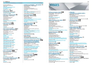 MOSELLE38
fort.guentrange@free.fr
http://fort.guentrange.free.fr
1899-1905
Dégustation de pain cuit dans le four
du « Fest Obergentringen »
Visite guidée
dimanche 14h-17h G
HÔTEL DE VILLE
rue Georges Ditsch – 57100 Thionville
Visite libre de la salle des mariages
dimanche 14h-18h G
MUSÉE DE LA TOUR AUX PUCES
cour du Château – 57100 Thionville
03 82 82 25 52
musees@mairie-thionville.fr
www.tourauxpuces.com
XIe
-XIIe
siècles
Musée de France
Exposition« À la recherche de Judicium »
Visite libre
samedi-dimanche 14h-18h G
PONT ÉCLUSE SUD
rue des Écluses – 57100 Thionville
03 82 82 25 49
1746-1752
Exposition
samedi-dimanche 14h-18h G
PARC DU HAUT-FOURNEAU U4
1 rue du Jardin des Traces – 57270 Uckange
03 82 57 37 37
parc-u4@agglo-valdefensch.fr
www.hf-u4.com
www.facebook.com/u4.uckange
XIX-XXe
siècles
Chasse au trésor en famille
Coloriage
Jeux sur le stand
Stand de création
samedi-dimanche 14h-18h30
Visite guidée
(toutes les 30 min à partir de 14h45)
samedi-dimanche 14h15-18h45
Visite guidée du jardin des Traces
(toutes les 20 min à partir de 14h30)
samedi-dimanche 14h30-18h30
Visite guidée hors-circuit
(toutes les heures à partir de 14h45)
samedi-dimanche 14h45-17h45
Visite guidée jeune public
samedi-dimanche 14h30, 16h30
Visite libre
Visite libre du jardin des Traces
samedi 14h-00h / dimanche 14h-18h30 G
ÉCOLE JEAN PROUVÉ
90 rue Jean-Julien Barbé – 57070 Vantoux
03 87 36 61 09
mairie-vantoux@wanadoo.fr
www.mairie-vantoux.fr
1950
Visite libre
Jours et horaires à préciser G
ÉGLISE SAINTE-THÉRÈSE-DE-LISIEUX
rue de Saint-Quirin – 57560 Vasperviller
jean-marie.bloch@orange.fr
1968
Visite libre
dimanche 14h-18h G
OUVRAGE DU HACKENBERG - LIGNE MAGINOT
route du Hackenberg – 57920 Veckring
03 82 82 30 08
amifort@orange.fr
www.maginot-hackenberg.com
www.facebook.com/maginot.hackenberg
1929-1935
Exposition
Payant : adultes 7 €, enfants (moins de 16 ans ) 4 €
Visite guidée (toutes les 15 min)
Payant : adultes 7 €, enfants (moins de 16 ans ) 4 €
samedi-dimanche 14h-15h30
ÉGLISE SAINT-MARIEN
place de l’Église – 57630 Vic-sur-Seille
06 12 68 64 39
emilien.roess@gmail.com
XIIIe
-XVIe
et XIXe
siècles
Concerts d’orgue en continu par des jeunes organistes
du Saulnois et Émilien Roess.
Visite guidée de l’orgue par Émilien Roess
Visite libre
samedi 15h-18h / dimanche 10h-19h G
MUSÉE DÉPARTEMENTAL
GEORGES DE LA TOUR
place Jeanne d’Arc – 57630 Vic-sur-Seille
03 87 78 05 30
mdgdlt@cg57.fr
www.cg57.fr
Collection de peintures du XVIIe
au XIXe
siècle
Musée de France
Exposition « Horizon, le peintre devant la nature »
Sur inscription : 03 87 78 05 30
Visite guidée de l’exposition « Georges de La Tour :
retour à la lumière »
Réservation auprès de l’accueil
samedi-dimanche 9h30-18h G
VISITE INSOLITE
57630 Vic-sur-Seille
École municipale, Cloître, place de l’École
Circuit pédestre commenté (durée entre 45 min et 1h)
samedi 15h, 17h / dimanche 10h, 14h, 15h30, 17h G
INSTITUTION NATIONALE DES INVALIDES
CENTRE D’ÉTUDES ET DE RECHERCHE
SUR L’APPAREILLAGE DES HANDICAPÉS
1 Bellevue – BP 50719 – 57147 Woippy
03 87 51 30 30
Étude et recherche en matière d’appareillage
pour le handicap moteur
Visite des ateliers et démonstration : simulation
de conduite d’un fauteuil roulant électrique,
en partenariat avec l’Université de Lorraine
Pour les groupes, contacter l’INI-CERAH
une semaine à l’avance
Exposition « Dans le cadre du centenaire
de la Première Guerre mondiale, découverte
de la collection de prothèses anciennes »
Visite libre
samedi-dimanche 14h-18h G
ÉGLISE SAINT-MARCEL
20 rue de l’Église – 57905 Zetting
mairie.zetting@wanadoo.fr
www.zetting-dieding.fr
IXe
-XVe
siècles
Visite libre
samedi-dimanche 14h-18h G
CHÂTEAU D’AUTIGNY-LA-TOUR
4 rue du Château – 88300 Autigny-la-Tour
03 29 06 95 76
contact@chateau-autigny.com
www.chateau-autigny.com
XVIIIe
siècle
Visite guidée des salons et du parc
samedi-dimanche 14h-18h
Payant : adultes 4 €
ABBAYE D’AUTREY ET SES JARDINS
2 rue de l’Abbaye – 88700 Autrey
03 29 65 89 30
info@abbayedautrey.com
www.abbayedautrey.com
3 500 variétés de végétaux
Jardin remarquable
Label Villes et Pays d’art et d’histoire
Payant : adultes 4 €, moins de 15 ans gratuit
Visite guidée
samedi-dimanche 15h, 16h30
Visite libre
Exposition-vente d’hydrangeas de la pépinière de l’abbaye
samedi-dimanche 9h-12h et 14h-18h
MANUFACTURE ROYALE
88240 Bains-les-Bains
03 29 31 32 87
manufactureroyale@voila.fr
www.bainsmanufactureroyale.eu
Site industriel du XVIIIe
siècle
Label Villes et Pays d’art et d’histoire
Visite guidée « Projet de restauration des fenêtres plein
cintres de la Nouvelle Étamerie » par François Cornevaux
dimanche 11h-18h
Exposition des Archives départementales des Vosges
Exposition des artistes
dimanche 10h-18h G
SCIERIE DU LANCOIR
déﬁlé de Straiture – RD 73
88230 Ban-sur-Meurthe-Clefcy
03 29 50 45 54
lancoir@gmail.com
http://lelancoir.free.fr
Scierie hydraulique
Label Tourisme et Handicap
Visite guidée « Récit de la vie des Sagards et démonstration
de sciage » (durée environ 1h)
samedi-dimanche 10h-12h et 14h-17h G
CIRCUIT «SUR LES TRACES
DE LA COMMUNAUTÉ JUIVE»
3 rue Jean et Simone Lurçat – 88600 Bruyères
03 29 50 14 68
gilles.grivel@orange.fr
www.tourisme-bruyeres.com
Label Villes et Pays d’art et d’histoire
Visite de l’ancienne synagogue (devenue musée Henri Mathieu),
du cimetière israélite et de la ville
dimanche 14h30-16h
Sur inscription : contact@tourisme-bruyeres.com
03 29 50 51 33 G
EXPOSITION
«CENTENAIRE DE LA GRANDE GUERRE»
Salle des Fêtes – rue du Févry
88140 Bulgnéville
mairie-bulgneville-communication@laposte.net
www.mairie-bulgneville.fr
Première Guerre Mondiale
Visite guidée / Visite libre
samedi 14h-17h30 / dimanche 9h-12h et 14h-17h30 G
THÉÂTRE DU PEUPLE
40 rue du Théâtre – 88540 Bussang
03 29 61 62 47 / 48
rp@theatredupeuple.com
www.theatredupeuple.com
1896
Visite libre
samedi 14h-18h / dimanche 10h-12h et 14h-18h G
SCIERIE HYDRAULIQUE
À HAUT-FER DE LA HALLIÈRE
La Hallière – RD 392 A – 88110 Celles-sur-Plaine
03 29 41 28 65
lesamisdelahalliere@gmail.com
http://la-halliere.fr/index.html
XIXe
siècle
Sur inscription : 03 29 41 28 65
Démonstration de sciage
Visite guidée
samedi-dimanche 14h-18h G
ÉCOMUSÉE DU BATTANT :
SCIERIE ET ATELIER MÉCANIQUE
rue du Moulin – 88130 Charmes
03 29 66 01 86
ecomuseedubattant@voila.fr
www.tourisme-charmes.fr
1860-1997
Visite guidée
Exposition photographique « Les industries d’hier et
d’aujourd’hui en Lorraine » (intégrée à la visite guidée)
dimanche 14h30, 17h30
Payant : adultes 1 €, gratuit moins de 10 ans
FORTERESSE DE CHÂTEL-SUR-MOSELLE
8 rue des Capucins – 88330 Châtel-sur-Moselle
03 29 67 14 18
contact@vieux-chatel.fr / reservation@vieux-chatel.fr
http://chatel-medieval.fr
XIe
-XVe
siècles
Label Villes et Pays d’art et d’histoire
Visite guidée
samedi-dimanche 10h-12h et 14h-16h30
Payant:adultes2 €,gratuitmoinsde12ansetpassLorraine
Visite libre
samedi-dimanche 10h-12h et 14h-18h
Payant : adultes 2 €, gratuit moins de 12 ans
ARTS DE LA RUE EN LIVE
pré le Duc – parking de l’école maternelle – 88170 Châtenois
03 29 94 51 09
ville-chatenois88@wanadoo.fr
www.ville-chatenois88.fr
Concours de tags et grafﬁtis
samedi 14h G
VOSGESVOSGESVOSGESVOSGESVOSGES
39
 