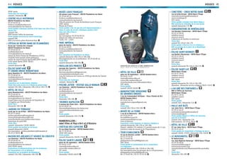 VOSGES VOSGES 4544
XVIIIe
siècle
Visite libre de l’extérieur
samedi / dimanche G
CENTRE VILLE HISTORIQUE
88370 Plombières-les-Bains
03 29 66 60 16
frederic.noel@plombieres.fr
www.plombieres-les-bains.fr
Visite guidée « Quelques gouttes d’Art dans une ville d’Eau »
(durée 2h)
samedi 15h
RDV devant l’office de tourisme
Visite guidée nocturne du centre historique
samedi 20h
RDV à la mairie, place Beaumarchais G
CÔTEAU DE NOTRE-DAME-DE-PLOMBIÈRES
Accès par l’avenue Duc Léopold
88370 Plombières-les-Bains
03 29 66 60 16
esc@plombieres.fr
www.plombieres-les-bains.fr
statue de Notre-Dame-de-Plombières (1855),
chapelle Saint-Joseph (style gothique),
statue de saint François agenouillé (XVIIe
siècle),
et de sainte Barbe (XVIIe
siècle)
Visite libre
samedi-dimanche G
ÉGLISE SAINT-AMÉ
ET GRAND ORGUE ROMANTIQUE
place Napoléon III – 88370 Plombières-les-Bains
03 29 66 60 16
esc@plombieres.fr
www.plombieres-les-bains.fr
1858-1861
Exposition sur le patrimoine religieux
Visite libre avec accès à la tribune du grand orgue
samedi 15h-18h / dimanche 10h-12h et 14h-17h G
HÔTEL DE VILLE
place Beaumarchais – 88370 Plombières-les-Bains
03 29 66 60 16
esc@plombieres.fr
www.plombieres-les-bains.fr
Grand Salon avec de portraits de Napoléon III
et Eugénie par Winterhalter
Visite libre
dimanche 10h-18h G
JARDINS EN TERRASSE
accès par la rue Grillot – 88370 Plombières-les-Bains
03 29 37 68 81
jardins.plombieres@wanadoo.fr
www.jardinsplombieres88.com
www.facebook.com/jardins.enterrasses
historique du petit bâti
Visite libre
samedi- dimanche 13h30-18h30
Visite guidée des jardins en terrasses
samedi-dimanche 14h30
Sur inscription : jardins.plombieres@wanadoo.fr
03 29 37 68 81 G
MAISON DES ARCADES ET SOURCE DU CRUCIFIX
rue Stanislas – 88370 Plombières-les-Bains
03 29 66 60 16
esc@plombieres.fr
www.plombieres-les-bains.fr
XVIIe
-XVIIIe
siècle
Explications et démonstrations par les brodeuses
de l’association « Fil et Détente »
Exposition sur la broderie de Plombières
samedi 15h-18h / dimanche 14h-18h G
MUSÉE LOUIS FRANÇAIS
30 avenue Louis Français – 88370 Plombières-les-Bains
03 29 66 60 16
frederic.noel@plombieres.fr
www.plombieres-les-bains.fr
Villa du peintre de l’École de Barbizon Louis Français
(XIXe
siècle)
Musée de France
Visite guidée « Sur les pas des pré-impressionnistes »
(dans le cadre du circuit « Quelques gouttes d’Art
dans une ville d’Eau »)
samedi 15h
Sur inscription: 03 29 66 00 24
Départ de l’office de tourisme
Tarifs: 3 € - 1,50 €
PARC IMPÉRIAL
place du Casino – 88370 Plombières-les-Bains
03 26 66 60 09
frederic.noel@plombieres.fr
www.plombieres-les-bains.fr
1856
Parc miniature de Plombières les Bains
samedi-dimanche 10h-12h et 14h-18h
Renseignements sur la tarification : 03 29 66 60 16
Visite libre
samedi-dimanche 10h-18h G
PAVILLON DES PRINCES
passage des Capucins – 88370 Plombières-les-Bains
03 29 30 07 07
thermes.plombieres@dgmail.com
www.plombiereslesbains.com
Lieu de l’entrevue de Cavour en 1858 qui décida de l’avenir
de l’Italie
Visite libre de l’extérieur
samedi / dimanche G
PISCINE JUTIER - VESTIGE GALLO-ROMAIN
rue Stanislas – 88370 Plombières-les-Bains
03 29 66 60 16
esc@plombieres.fr
www.plombieres-les-bains.fr
IIe
siècle
Visite libre
dimanche 10h-18h G
THERMES NAPOLÉON
4 avenue des États-Unis – 88370 Plombières-les-Bains
03 29 30 07 14
thermes@plombieres-les-bains.com
www.plombiereslesbains.com
1857
Visite guidée
samedi-dimanche 15h-17h G
RAMBERVILLERS :
label Villes et Pays d’Art et d’Histoire
CHÂTEAU DES CAPUCINS
16 rue Alban Fournier – 88700 Rambervillers
06 75 70 90 46
XVIIIe
-XIXe
siècles
Visite guidée
samedi-dimanche 14h30-17h30 G
ÉGLISE SAINTE-LIBAIRE
place du 30 septembre – 88700 Rambervillers
03 29 65 12 07
mairie@rambervillers.fr
www.ville-rambervillers.fr
XVe
siècle
Visite guidée
dimanche 14h30-16h30 G
HÔTEL DE VILLE
place du 30 Septembre – 88700 Rambervillers
03 29 65 12 07
mairie@rambervillers.fr
www.ville-rambervillers.fr
www.facebook.com/villerambervillers
XVIe
siècle
Visite guidée
samedi 14h30-16h30 G
MANUFACTURE VOSGIENNE
DE GRANDES ORGUES
1 rue du Commandant Petitjean – Vieux Chemin de Brù
88700 Rambervillers
03 29 65 36 16
manufacture.orgues@gmail.com
1880
Visite libre
samedi 10h-12h et 14h-18h G
MUSÉE DE LA TERRE
1 rue de la Faïencerie – 88700 Rambervillers
03 29 65 05 03
ferryjl@libertysurf.fr
www.museedelaterre.com
Grès et faïences
Exposition « Grès ﬂammés et faïences ﬂambées »
samedi-dimanche 10h-12h et 14h-18h
Payant : adultes 3 €, enfants 1 €, gratuit moins de 11 ans
(inclut la visite du musée et de l’exposition)
TOUR D’ANGLEMEIN
13 rue du Docteur Lardier – 88700 Rambervillers
03 55 19 34 56
06 11 94 83 96
philippehenri.leroy88@gmail.com
XIIIe
siècle
Visite guidée et présentation de la restauration
sur diaporama
samedi-dimanche 10h-12h30 et 14h-18h
Sur inscription pour les groupes de 6 à 10 personnes :
philippehenri.leroy88@gmail.com
06 11 94 83 96 / 03 55 19 34 56 G
CIMETIÈRE - CROIX NOTRE-DAME
rue Aristide Briand – 88110 Raon-l’Étape
mairiederaonletape@wanadoo.fr
www.raonletape.fr
XVIe
siècle
Visite guidée « Grande Croix Notre Dame »
RDV parking du cimetière de la rive-droite
samedi-dimanche 17h G
CONSERVATOIRE DE MINÉRALOGIE
rue Georges Clemenceau – 88110 Raon-l’Étape
03 29 41 28 65
info@ot-raon.fr
www.ot-raon.fr
Collections de fossiles et minéraux
Visite libre
samedi 9h-12h et 14h-17h
Visite guidée « Pierres d’ici et d’Ailleurs »
RDV au parking de la place de la République
samedi 9h G
ÉGLISE SAINT-GEORGES
rue Denfert-Rochereau – 88110 Raon-l’Étape
03 29 41 28 65
info@ot-raon.fr
www.ot-raon.fr
XIXe
siècle
Visite libre
samedi-dimanche 9h-12h et 14h-17h G
ÉGLISE SAINT-LUC
88110 Raon-l’Étape
03 29 41 28 65
info@ot-raon.fr
www.ot-raon.fr
XIXe
siècle
Visite libre
samedi-dimanche 9h-12h et 14h-18h
Attention : dimanche service religieux 9h45-11h15 G
«AU GRÉ DES FONTAINES»
RDV à l’Ofﬁce de Tourisme
88110 Raon-l’Étape
03 29 41 28 65
info@ot-raon.fr
XIXe
siècle
Visite guidée
samedi 16h / dimanche 11h G
HALLE AUX BLÉS
rue Jules Ferry – 88110 Raon-l’Étape
03 29 41 66 67
mairiederaonletape@wanadoo.fr
www.raonletape.fr
Visite guidée (départ à l’Ofﬁce de Tourisme,
quai de la Victoire)
samedi 16h / dimanche 11h
Informations : 03 29 41 28 65 G
HÔTEL DE VILLE
27 rue Jules Ferry – 88110 Raon-l’Étape
03 29 41 66 67
Visite guidée de l’exposition « Flottage du bois »
samedi 14h30, 17h30 / dimanche 15h, 16h30 G
LE MUSEUMOTEL
île Haüsermann
rue Jean-Baptiste Demenge – 88110 Raon-l’Étape
03 29 50 48 81
museumotel@orange.fr
www.museumotel.com
www.facebook.com/Museumotel.Ile.aux.bulles
1967
Visite libre
dimanche 14h-18h G
EXPOSITION 2015, MUSÉE DE LA TERRE, RAMBERVILLERS
CRÉDIT : MUSÉE DE LA TERRE DE RAMBERVILLERS
 