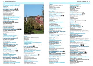 MEURTHE-ET-MOSELLE MEURTHE-ET-MOSELLE 1312
Conférence « Les combats du Bois-le-Prêtre en 1915 »
par Nicolas Czubak (grand salon de l’hôtel de ville)
dimanche 16h
Visite libre
dimanche 10h-12h et 14h-18h G
MUSÉE «AU FIL DU PAPIER»
Hôtel de la Monnaie – 13 rue Magot de Rogéville
54700 Pont-à-Mousson
03 83 87 80 14
musee@ville-pont-a-mousson.fr
www.ville-pont-a-mousson.fr
Hôtel particulier de 1591,
collections de papier mâché laqué
Musée de France
Visite guidée « De la guerre de Mouvement à la guerre
de Tranchées : Bois-le-Prêtre »(toutes les heures)
samedi 14h-18h
Projection du ﬁlm « Les fragments d’Antonin »
dimanche 19h G
«LE VIEUX VILLAGE»
RDV église Saint-Julien de Brioude, rue Pasteur
54550 Pont-Saint-Vincent
03 83 26 40 07
dominique.goepfer@club-internet.fr
www.mairie-pontsaintvincent.fr
Vieux village du XVe
et XVIe
siècle
Visite guidée (durée de 1 à 2 h)
dimanche 9h-12h et 13h-18h G
ÉGLISE SAINT-JULIEN DE BRIOUDE
rue Pasteur – 54550 Pont-Saint-Vincent
03 83 26 40 07
dominique.goepfer@club-internet.fr
www.mairie-pontsaintvincent.fr
XVe
siècle
Exposition
« Les premières années de la grande guerre
pour le secteur de Moselle et Madon »
dimanche 9h-12h et 13h-18h G
PARCOURS PÉDESTRE COMMENTÉ
RDV église – 54630 Richardménil
03 83 25 62 59
infocom-richardmenil@orange.fr
www.richardmenil.fr
Parcours pédestre (durée 1h30 environ)
samedi 16h G
«HISTOIRE ILLUSTRÉE DU VILLAGE»
15 rue de la Gare – 54950 Saint-Clément
mairie-de-st-clement2@wanadoo.fr
Exposition
Visite guidée « Histoire illustrée du village
par un artiste local »
dimanche 14h-18h G
ÉGLISE SAINT-CLÉMENT-PAPE
rue de l’Église – 54950 Saint-Clément
mairie-de-st-clement2@wanadoo.fr
XIIe
et XVe
siècles
Visite guidée des fresques du XVe
siècle
et du chemin de croix en faïence
dimanche 14h - 18h G
MUSÉE FRANÇAIS DE LA BRASSERIE
62 rue Charles Courtois – 54210 Saint-Nicolas-de-Port
03 83 46 95 52
mfb@passionbrasserie.com
www.passionbrasserie.com
Collections brassicoles et Art Nouveau
Visite libre (dont la terrasse de la tour de brassage)
samedi-dimanche 14h30-18h30 G
MANOIR
10 rue du Château – 54550 Sexey-aux-Forges
06 30 15 34 75
jefsoli@free.fr
XVIe
siècle
Exposition « Lune de Saint Amour :
bijoux de Sylvie Quintois »
Exposition « Peintures et dessins de Silvana Baudroux
et de Vincent Barrois »
Visite guidée
samedi 14h-18h / dimanche 10h-12h et 13h30-18h G
TOUR DES TEMPLIERS
124 rue des Grands Jardins – 54330 Thélod
03 83 52 72 88
iserick@wanadoo.fr
XVe
siècle, collection d’outils anciens
Visite guidée « À l’assaut de la tour des Templiers »
(accès réservé aux adultes)
samedi 10h,15h / dimanche 10h
Sur inscription auprès de la CCMM jusqu’au jeudi 17
septembre : 03 83 26 45 00 G
CHÂTEAU DU MARÉCHAL LYAUTEY
54115 Thorey-Lyautey
03 83 25 12 12
chateau-lyautey@wanadoo.fr
www.lyautey.mosaiqueinformatique.fr
1854-1934
Label Maison des Illustres
Visite libre du château
Visite libre du musée national du scoutisme
samedi-dimanche 14h-18h
Payant : adultes 5 €, enfants gratuit
ARSENAL
15 avenue du Colonel Pechot – 54200 Toul
03 83 63 76 24
www.toul.fr/?salle-de-l-arsenal
Salle multi-activités
Visite guidée « Cour et jardin »
dimanche 14h30-17h30 G
AUTO-RÉTRO
Cour de l’Hôtel de Ville, parvis de la Cathédrale
et jardins de l’Hôtel de Ville – 54200 Toul
Exposition de 200 voitures anciennes
dimanche 8h-19h G
CATHÉDRALE SAINT-ÉTIENNE
ET CLOÎTRE
place Charles De Gaulle – 54200 Toul
03 83 64 90 60
contact@lepredenancy.fr
www.toul.fr
XIIIe
-XVIe
siècles
Le casse-croûte de Quasimodo : dégustation
de produits locaux à 50 mètres de hauteur
samedi 18h30-20h30
Payant : 15 € par personne
Sur inscription : 06 15 06 85 64
Spectacle « Cathédrale de Lumière »
samedi-dimanche 21h30
Visite guidée « Les montées de la tour sud »
samedi-dimanche 10h-12h et 14h-18h
Visite libre
samedi-dimanche 9h30-18h30 G
CENTRE SOCIO-CULTUREL MICHEL DINET
2 rue Vauban – 54200 Toul
03 83 65 21 50
www.toul.fr/?centre-socio-culturel-michel-dinet-81
Visite du Centre par ses agents
samedi 9h-12h et 14h-17h G
CINÉMA CITEA
12 rue de Rigny – 54200 Toul
03 83 64 69 41
Cinéma communal
Visite guidée des coulisses du cinéma
samedi-dimanche 10h-12h G
ÉGLISE SAINT-GENGOULT
place du Couarail – 54200 Toul
03 83 63 70 00
Concert « La Cantate de la Chasse »
dimanche 16h
Exposition « Toul is Beautiful »
Visite de l’église
Mention spéciale : ouverture exceptionnelle
de la Porte Jean Pèlerin
samedi-dimanche 14h-17h G
HÔTEL PIMODAN-ANCIEN HÔPITAL
DU SAINT-ESPRIT
6, 6bis et 8 rue du Général Gengoult – 54200 Toul
www.lorrainemag.com/patrimoine
Exposition de Céline Blaudez, céramiste lorraine
Visite libre
dimanche 10h-12h et 14h-18h G
MÉDIATHÈQUE DE TOUL
9, rue de Hamm – 54200 Toul
03 83 65 83 65
http://mediatheque.toul.fr
Médiathèque communale
Visite guidée « Les coulisses de la médiathèque »
samedi 14h30
Sur inscription : 03 83 65 83 83
Exposition photo « Home »
samedi 10h-12h et 14h-17h G
MOSQUÉE
2 rue de Verdun – 54200 Toul
03 83 63 14 48
http://mosqueedetoul.fr
Mosquée communale
Visite libre
samedi- dimanche 10h-12h et 14h-18h G
MUSÉE D’ART ET D’HISTOIRE
25 rue Gouvion-Saint-Cyr – 54200 Toul
03 83 64 13 38
musee@mairie-toul.fr
www.toul.fr
Collections historiques
Musée de France
Visite libre
samedi-dimanche 10h-12h30 et 13h30-18h G
REMPARTS
RDV 9 rue de Hamm – 54200 Toul
Remparts Vauban
Visite guidée des remparts
samedi 14h30 / dimanche 10h G
SOUS-PRÉFECTURE DE TOUL
9 rue Firmin Gouvion – 54200 Toul
03 83 65 35 35
sp-toul@meurthe-et-moselle.gouv.fr
www.meurthe-et-moselle.gouv.fr/Services-de-l-Etat/
Prefecture-et-sous-prefectures/Sous-prefecture-de-Toul
Sous-préfecture de Meurthe et Moselle
Visite libre
Exposition « La Sous-Préfecture dans sa ville »
dimanche 10h-18h G
VOIES NAVIGABLES DE FRANCE
place de la Michonnette – 54200 Toul
03 83 43 04 69
Accès en face de la place de la Michonnette, sous le pont
de Dommartin-les-Toul. Parking de l’ancienne piscine
découverte. Site indiqué par des flèches.
Visite guidée de l’accueil et de la tour de commande du site
(durée 45 min)
samedi-dimanche 10h-12h et 14h-17h
Sur réservation auprès de la maison du tourisme :
03 83 63 90 60 G
MUSÉE GALLO-ROMAIN
ET MEROVINGIEN ET CIMETIÈRE MÉROVINGIEN
54115 Tramont-Emy
03 83 52 32 50
mairie-tramont-emy@wanadoo.fr
Époques gallo-romaines et mérovingiennes
Visite guidée du musée
samedi-dimanche 10h-12h et 13h30-17h30 G
STUDIOS DE FRANCE 3 LORRAINE
14 route de Mirecourt – 54500 Vandœuvre-lès-Nancy
03 83 50 41 45 / 03 83 50 40 94
communication.lorraine@francetv.fr
http://france3-regions.francetvinfo.fr/lorraine
Visite guidée des studios, de la régie et salles de montage
(toutes les 20 min)
dimanche 10h-12h et 13h40-17h40
Sur inscription : communication.lorraine@francetv.fr G
PRIEURÉ
2 rue Jean Jaurès – 54110 Varangéville
etienne.remy@wanadoo.fr
XIe
et XVIe
siècle
MANOIR, SEXEY-AUX-FORGES
CRÉDIT : JEAN-FRANÇOIS SOLIGOT
 