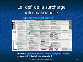 Le  défi de la surcharge informationnelle Le  bureau de  Erick   Schonfeld Autre ex. :  peut-on suivre 20 000 comptes  Twitter et recevoir 1 tweet par seconde ?  