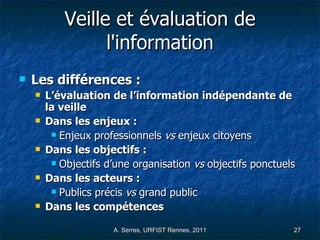 Veille et évaluation de l'information Les différences : L’évaluation de l’information indépendante de la veille Dans les enjeux : Enjeux professionnels  vs  enjeux citoyens Dans les objectifs : Objectifs d’une organisation  vs  objectifs ponctuels Dans les acteurs : Publics précis  vs  grand public Dans les compétences 