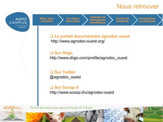 Nous retrouver
                             Valoriser les
Mieux nous      Un réseau                    Former les      Perspectives
                             thématiques
 connaître     laboratoire                   étudiants       et conclusion
                             scientifiques




        Le portail documentaire agrodoc ouest
       http://www.agrodoc-ouest.org/

        Sur Diigo
       http://www.diigo.com/profile/agrodoc_ouest


        Sur Twitter
       @agrodoc_ouest

        Sur Scoop it
       http://www.scoop.it/u/agrodoc-ouest




                                                          www.agrocampus-ouest.fr
 