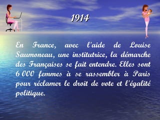 1914 En France, avec l'aide de Louise Saumoneau, une institutrice, la démarche des Françaises se fait entendre. Elles sont 6 000 femmes à se rassembler à Paris pour réclamer le droit de vote et l'égalité politique.  
