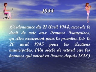 1944 L'ordonnance du  21 Avril 1944 , accorde le droit de vote aux Femmes Françaises, qu'elles exerceront pour la première fois le  20 avril 1945  pour les élections municipales. (Un siècle de retard sur les hommes qui votent en France depuis 1848) 