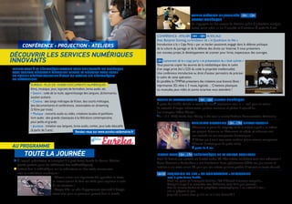 À l’accueil, présentation et inscription à la plate-forme Eureka du Conseil Général
(accès gratuit pour les adhérents des médiathèques).
Partout dans la médiathèque, sur les ordinateurs en libre accès, amusez-vous
avec les installations numériques :
	 • Choose-a-tron: une imprimante fait apparaître un texte,
	 au lecteur-joueur de faire ses choix pour imprimer la suite
	 de ses aventures !
	 • Google Bike : un vélo d’appartement connecté à Google
	 street view pour se promener partout dans le monde.
rendez-vous à la médiathèque aragon pour une journée du numérique.
vous pourrez découvrir également Eureka, la nouvelle plate-forme
du Conseil Général accessible àtous les usagers des Médiathèques
du département.
conférence - projection - ateliers
découvrir les services numériques
innovants
au programme
toute la journée
Rendez-vous sur www.eureka.valdemarne.fr
Eureka : Plus de 10.0000 documents numériques :
films, musique, jeux, logiciels de formation, livres audio, etc.
• Savoirs : code de la route, apprentissage des langues, dictionnaires, 	
soutien scolaire.
• Cinéma : des longs métrages de fiction, des courts métrages,
des documentaires et conférences, visionnables en streaming
(3 films par mois).
• Musique : concerts audio ou vidéo, créations locales et partitions
livre audio : des grands classiques à la littérature contemporaine,
pour petits et grands.
• Jeunesse : initiation aux langues, livres audio, contes, jeux ludo-éducatifs 	
(à partir de 3 ans).
Atelier création de jeuxvidéo 10h - 12h
#Espace numérique
En s’appuyant sur des œuvres du domaine public (illustrations, musique,
texte), venez créer un jeu d’enquête et d’aventure. À partir de 7 ans.
Conférence - Atelier 14h - 18h #L’Escale
Avec Benjamin Sonntag, co-fondateur de « la Quadrature du Net »
Introduction à la « Copy Party » par un hacker passionné, engagé dans la défense politique
de la culture du partage et de la défense des droits sur Internet. Il nous présentera
son nouveau projet, le développement de scanner pour livres, respectueux des ouvrages.
14h Lancement de la « copy party » et présentation du « book scanner »
Vous pourrez copier les œuvres de la médiathèque dans le cadre
d’un usage privé (loi L1225 du code la propriété intellectuelle).
Une conférence introductive au droit d’auteur permettra de préciser
le cadre de cette opération.
En parallèle,le /TMP/lab présentera des créations sous licences libres :
imprimantes 3D, vélos à 3 roues, logiciels… Créations plastiques
ou musicales, jeux vidéo et autres surprises vous attendent !
Atelier re-photographies 14h - 16h #Espace numérique
À partir des clichés réalisés le samedi 28 mars*, retrouvons-nous le 11 avril pour un atelier
de retouche d’images mêlant cartes postales anciennes et photos d’aujourd’hui.
Sur inscription / Ados-Adultes.
*de 11h à 12h30, balade dans Choisy le Roi avec le service Archives-Documentation-Patrimoine
Atelier Art Upcycling 15h - 17h #Espace Accueil
Découvrez le plaisir du recyclage et de la culture « geek », en créant
vos propres bijoux ou en détournant les objets, et redonnez ainsi
une seconde vie aux composants électroniques !
N’hésitez pas à venir avec votre matériel (vieux claviers, composants-
éléments électroniques de petite taille).
À partir de 8 ans
Install party 15h - 17h #Médiathèque de la Maison pourTous
Envie de donner une seconde vie à votre ancien PC ?Vos enfants souhaitent avoir leur ordinateur ?
Venez découvrir « DoudouLinux », une distribution Linux spécialement dédiée aux plus jeunes et
installez-la sur votre ancien PC pour que vos enfants puissent profiter d’internet en toute sécurité.
16h30 Projection du film « Les combattants » #L’Ecoutille
		 avec la plate-forme Eurêka
			Entre ses potes et l’entreprise familiale, l’été d’Arnaud s’annonce tranquille…
			Tranquille jusqu’à sa rencontre avec Madeleine, aussi belle que cassante,
			bloc de muscles tendus et de prophéties catastrophiques. Il ne s’attend à rien ;
			elle se prépare au pire.
			Jusqu’où la suivre alors qu’elle ne lui a rien demandé ?
 