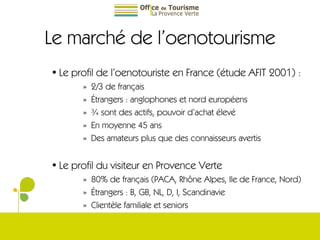 Le profil de l’oenotouriste en France (étude AFIT 2001) : 2/3 de français Étrangers : anglophones et nord européens ¾ sont des actifs, pouvoir d’achat élevé En moyenne 45 ans Des amateurs plus que des connaisseurs avertis Le profil du visiteur en Provence Verte 80% de français (PACA, Rhône Alpes, Ile de France, Nord) Étrangers : B, GB, NL, D, I, Scandinavie Clientèle familiale et seniors Le marché de l’oenotourisme 