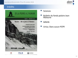 Inédits
 Sciences
 Bulletin du fonds polaire Jean
Malaurie
 MNHN
 Unica. Dans aucun PCPP.
Journée professionnelle CTLe...