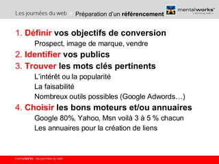 Préparation d’un  référencement 1.  Définir  vos objectifs de conversion Prospect, image de marque, vendre 2.  Identifier  vos publics 3.  Trouver  les mots clés pertinents L’intérêt ou la popularité La faisabilité Nombreux outils possibles (Google Adwords…) 4.  Choisir  les bons moteurs et/ou annuaires Google 80%, Yahoo, Msn voilà 3 à 5 % chacun Les annuaires pour la création de liens 