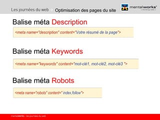 Optimisation des pages du site Balise méta  Description Balise méta  Keywords Balise méta  Robots 