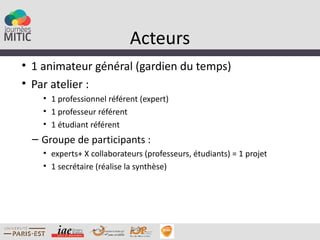Acteurs
• 1 animateur général (gardien du temps)
• Par atelier :
    • 1 professionnel référent (expert)
    • 1 professeur référent
    • 1 étudiant référent
 – Groupe de participants :
    • experts+ X collaborateurs (professeurs, étudiants) = 1 projet
    • 1 secrétaire (réalise la synthèse)
 