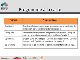 Programme à la carte
     Thèmes                          Problématiques

Confiance       Quelles solutions par assurer un management qualitatif de
                la relation partenariale d’externalisation ?
Living labs     Comment développer et intégrer le concept des Living lab
                dans le cadre d’une coopération publique/privée ?
Open data       L’Open Data en 3 étapes : Quelles données ouvrir ? Quelles
                ressources ? Quelles productions de valeur ?
Co-working      Pourquoi le co-working et comment monter un tiers-lieu?
 