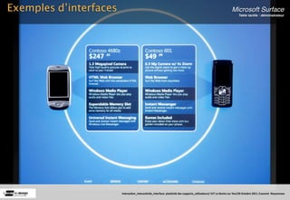 Exemples d’interfaces                                                                                         Microsoft Surface
                                                                                                                   Table tactile : démonstrateur




                        Interac(on_interac(vité_interface: plas(cité des supports_u(lisateurs/ IUT La Roche sur Yon/20 Octobre 2011 /Laurent  Neyssensas
 