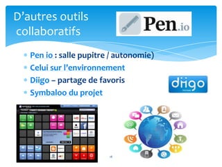 D’autres outils
collaboratifs
   Pen io : salle pupitre / autonomie)
   Celui sur l’environnement
   Diigo – partage de favoris
   Symbaloo du projet




                         18
 
