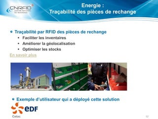 Energie :
Traçabilité des pièces de rechange
Traçabilité par RFID des pièces de rechange
 Faciliter les inventaires
 Amé...