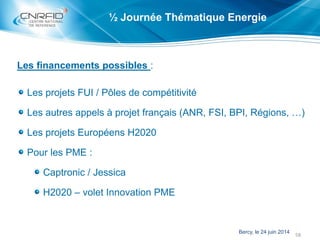 ½ Journée Thématique Energie
58
Bercy, le 24 juin 2014
Les financements possibles :
Les projets FUI / Pôles de compétitivi...