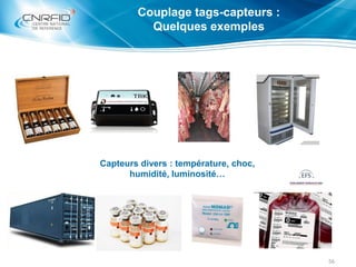 Couplage tags-capteurs :
Quelques exemples
56
Capteurs divers : température, choc,
humidité, luminosité…
 