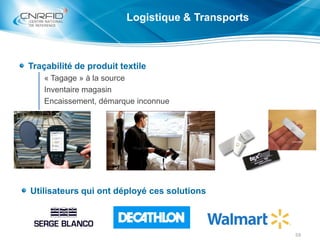 Logistique & Transports
Traçabilité de produit textile
« Tagage » à la source
Inventaire magasin
Encaissement, démarque in...