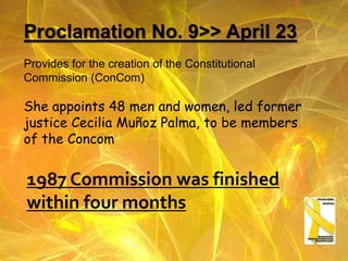 The people power revolutionTwo inaugurationsLater in the morning, Corazon Aquino was inaugurated as President of the Philippines in a simple ceremony at Club Filipino in Greenhills, about a kilometer from Camp Crame. She was sworn in as President by Senior Associate Justice Claudio Teehankee, and Laurel as Vice-President by Justice Vicente Abad Santos