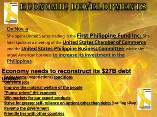 Family Code of 1987Executive Order 209Reformed the civil law on family relationsComprehensive Agrarian Reform Program Instituted on June 10, 1988Centerpiece program of Aquino’s administrationAimed not only to grant land to the tillers but also provide them with the necessary support services
