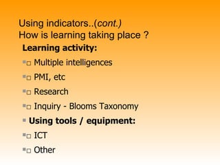 Using indicators..( cont.) How is learning taking place ? ,[object Object],[object Object],[object Object],[object Object],[object Object],[object Object],[object Object],[object Object]