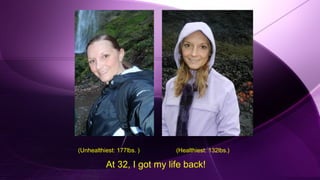 (Unhealthiest: 177lbs. ) (Healthiest: 132lbs.)
At 32, I got my life back!
 