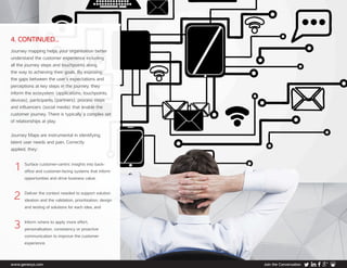 www.genesys.com Join the Conversation
4. CONTINUED...
Journey mapping helps your organisation better
understand the customer experience including
all the journey steps and touchpoints along
the way to achieving their goals. By exposing
the gaps between the user’s expectations and
perceptions at key steps in the journey, they
inform the ecosystem (applications, touchpoints,
devices), participants (partners), process steps
and influencers (social media) that enable the
customer journey. There is typically a complex set
of relationships at play.
Journey Maps are instrumental in identifying
latent user needs and pain. Correctly
applied, they:
1	Surface customer-centric insights into back-
office and customer-facing systems that inform
opportunities and drive business value,
2	Deliver the context needed to support solution
ideation and the validation, prioritisation, design
and testing of solutions for each idea, and
3	Inform where to apply more effort,
personalisation, consistency or proactive
communication to improve the customer
experience.
 