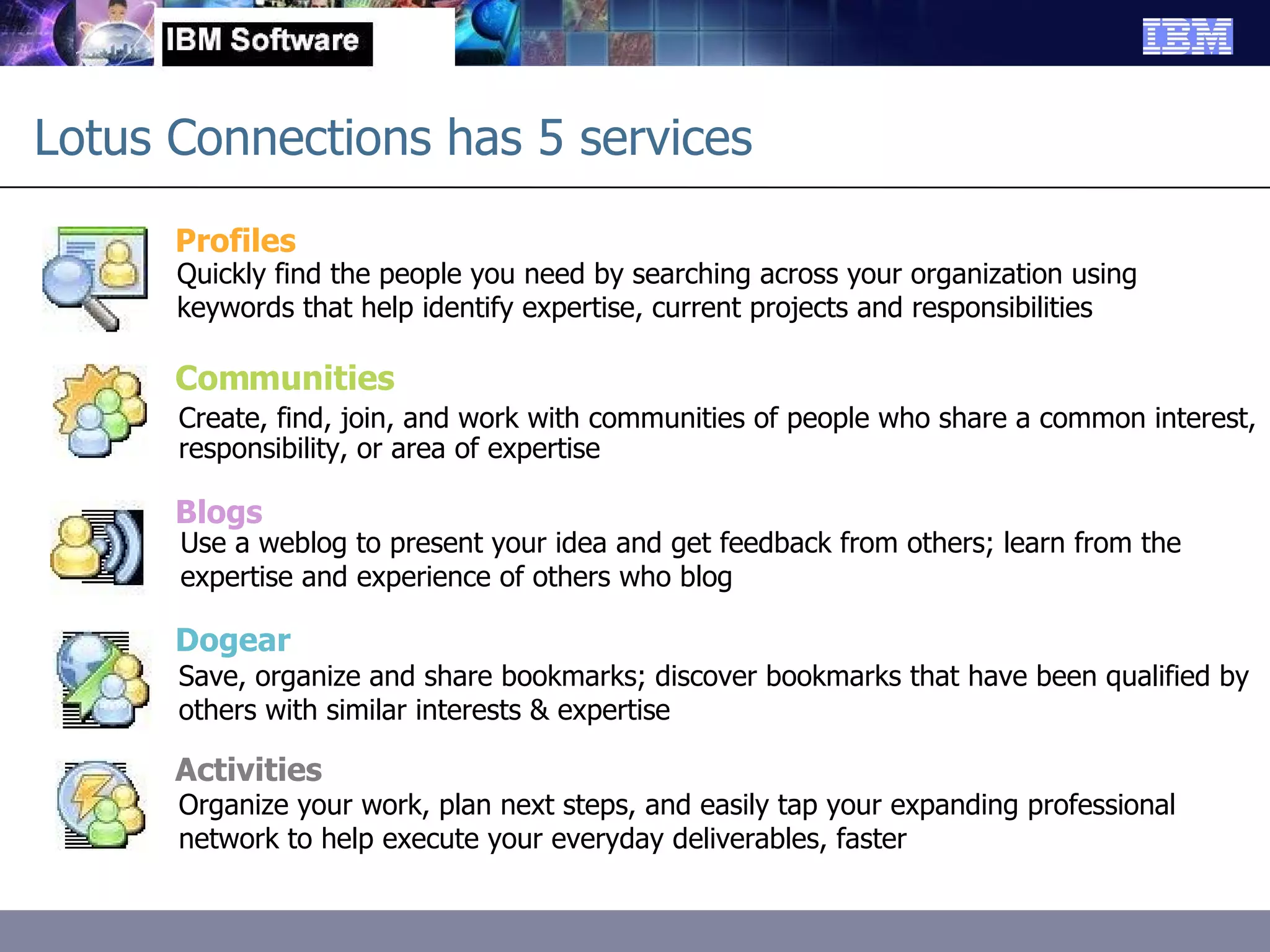 Lotus Connections has 5 services Communities Create, find, join, and work with communities of people who share a common interest, responsibility, or area of expertise Blogs Use a weblog to present your idea and get feedback from others; learn from the expertise and experience of others who blog Dogear Save, organize and share bookmarks; discover bookmarks that have been qualified by others with similar interests & expertise Activities Organize your work, plan next steps, and easily tap your expanding professional network to help execute your everyday deliverables, faster Profiles Quickly find the people you need by searching across your organization using keywords that help identify expertise, current projects and responsibilities 