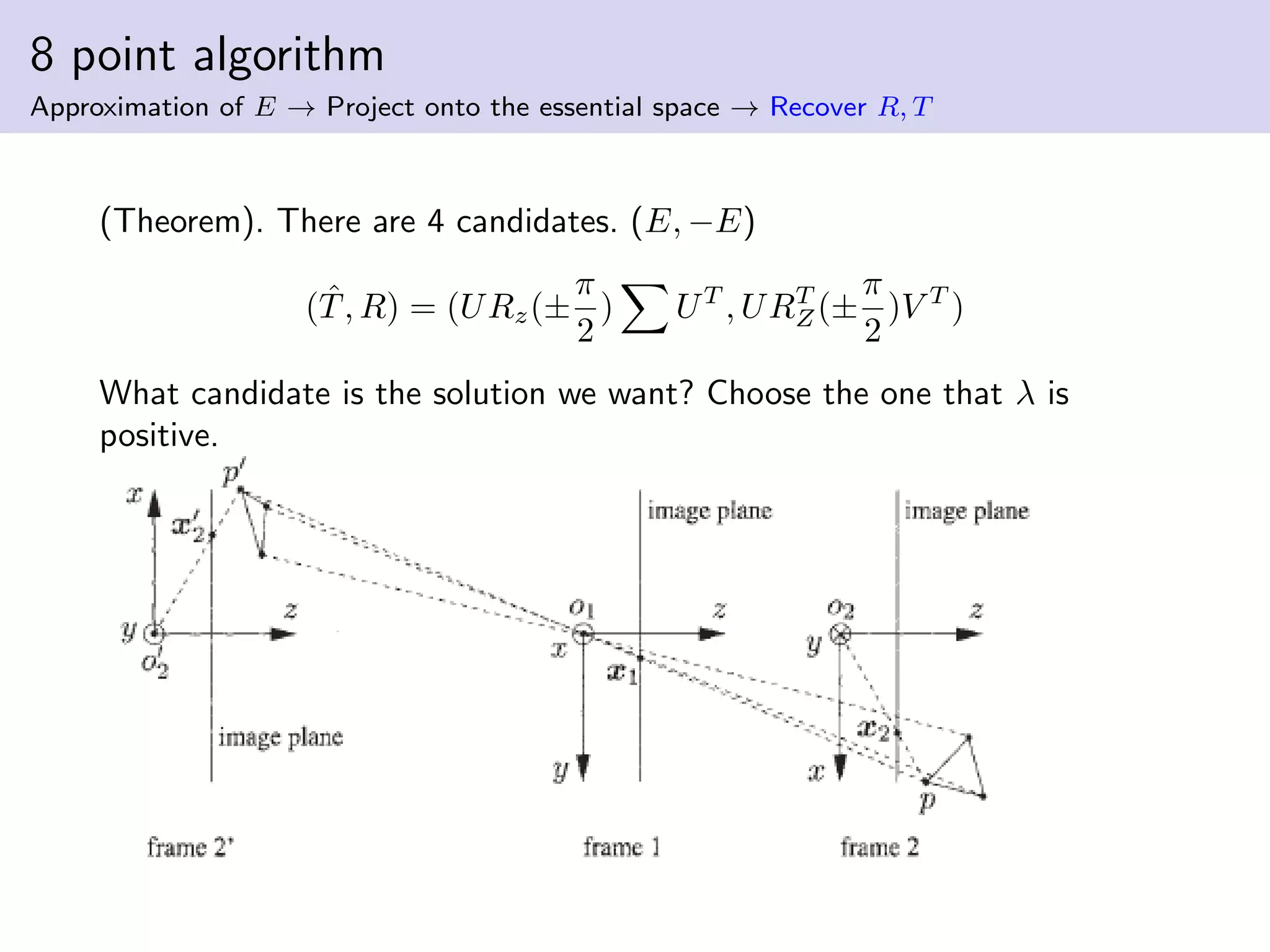 8 point algorithm
Approximation of E → Project onto the essential space → Recover R, T
(Theorem). There are 4 candidates. (E, −E)
( ˆT, R) = (URz(±
π
2
) UT
, URT
Z(±
π
2
)V T
)
What candidate is the solution we want? Choose the one that λ is
positive.
 