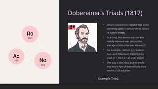 Dobereiner’s Triads (1817)
• Johann Döbereiner noticed that some
elements came in sets of three, which
he called Triads.
• In a triad, the atomic mass of the
middle element was almost the
average of the other two elements!
• For example, Lithium (Li), Sodium
(Na), and Potassium (K) formed a
triad. (7 + 39) / 2 = 23 (Na's mass).
• This was a cool idea, but he could
only find a few of these triads, so it
wasn't a full solution.
Example Triad:
 