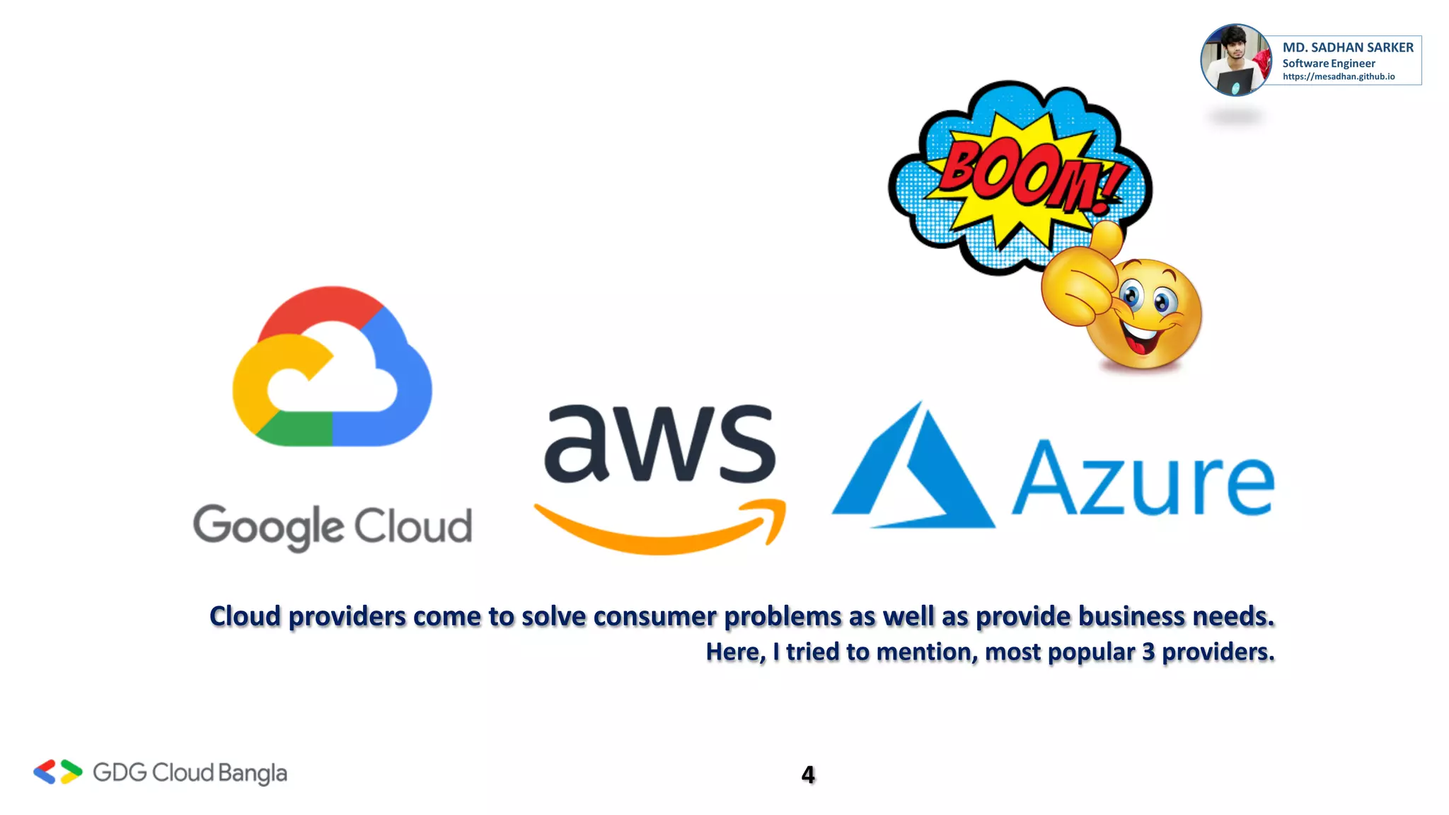 4
Cloud providers come to solve consumer problems as well as provide business needs.
Here, I tried to mention, most popular 3 providers.
 