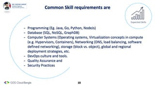 10
Common Skill requirements are
Expected Skills
- Programming (Eg. Java, Go, Python, NodeJs)
- Database (SQL, NoSQL, GraphDB)
- Computer Systems (Operating systems, Virtualization concepts in compute
(e.g. Hypervisors, Containers), Networking (DNS, load balancing, software
defined networking), storage (block vs. object), global and regional
deployment strategies, etc.
- DevOps culture and tools.
- Quality Assurance and
- Security Practices
 